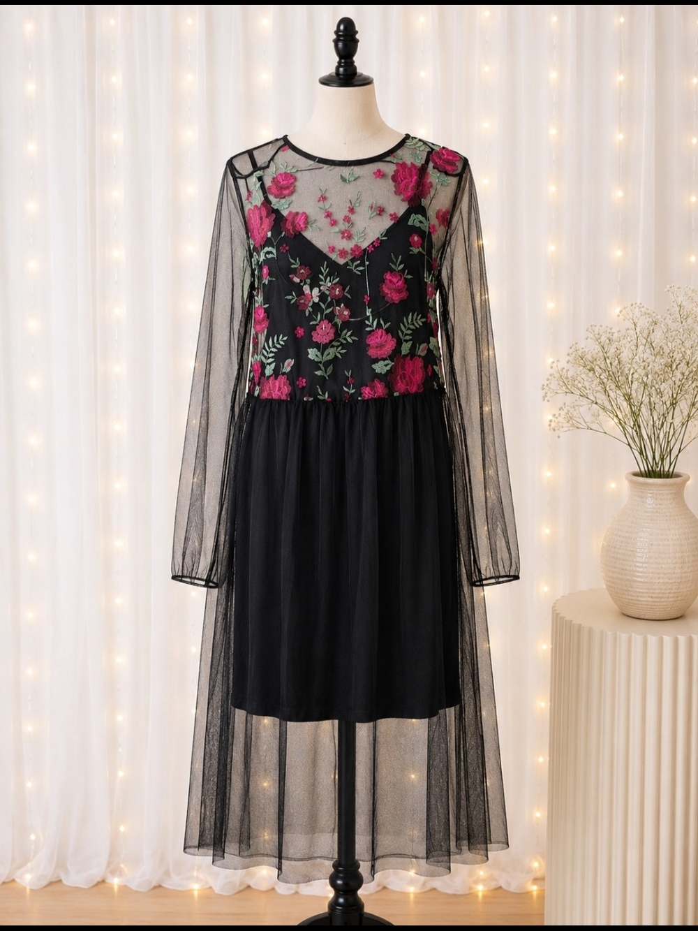 Forever 21 Black Tulle Dress with Pink Floral Embroidery